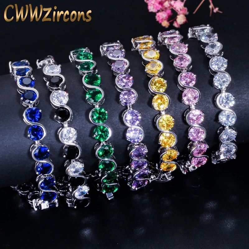 CWWZircons 7 اللون خيارات جولة قص تشيكوسلوفاكيا تنس النساء سوار مع الوردي الأرجواني الكريستال الأزياء مكعب زركونيا مجوهرات CB180