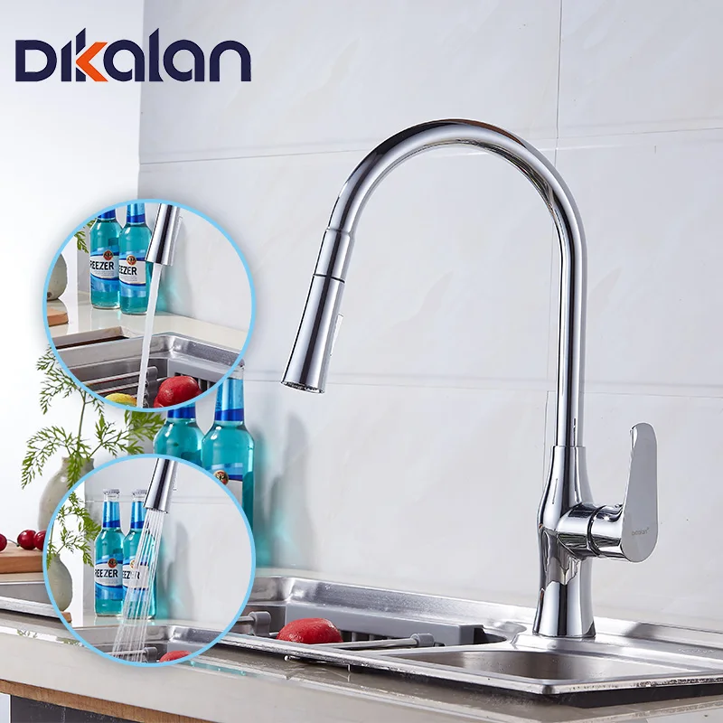 

Dikalan Kitchen Faucets Silver Single Handle Pull Out Single Hole 360 Rotate Chrome D44A48