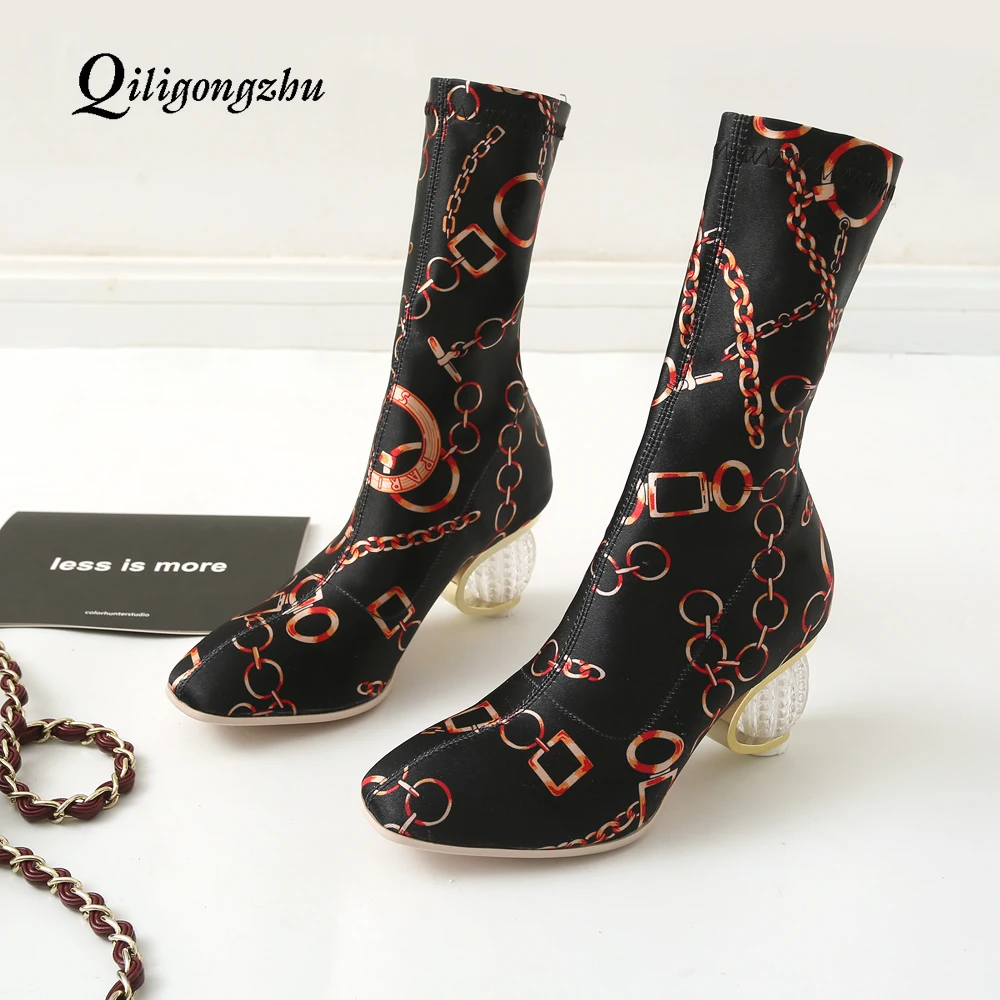 

Women Sock Boots Stretch Fabric Slip On 6 CM High Heels Square Toe Ankle Boots Women Pumps Autumn Winter Ladies Shoes
