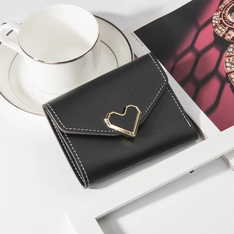 Стиль Инди металлический в форме сердца короткий три раза просто бумажник Женский кошелек студенческий десять юаней магазин поставка - Цвет: Black