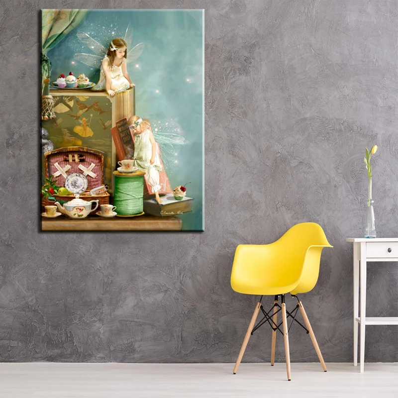 Cartoon Angels Flower Fairies Abstract Oil Painting Print on Canvas Poster Wall Picture for Girl's Room nursery Christmas Decor