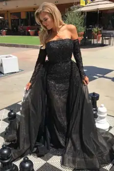 

Black Lace Mermaid Long Prom Dress 2019 With Long Sleeves Off the Shoulder Seniors Prom Party Gowns Luxury Custom Made