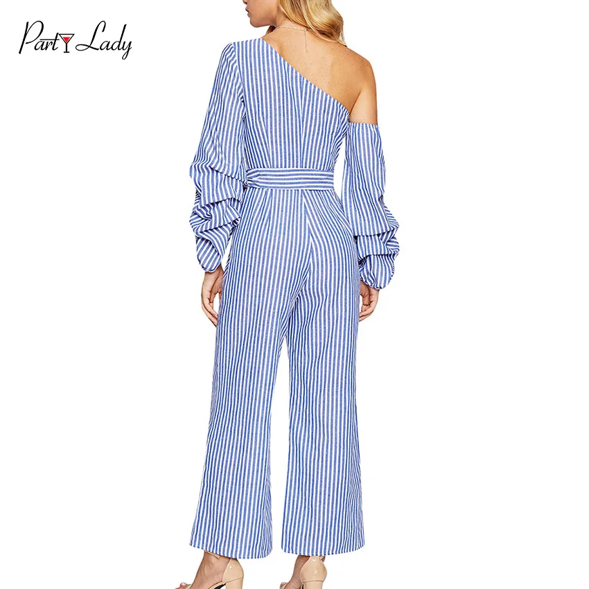 Party Lady 2018 Party Club Jumpsuits For Women Autumn Winter Striped Fashion Rompers Sexy Three-layer Sleeve Girls Jumpsuit -E