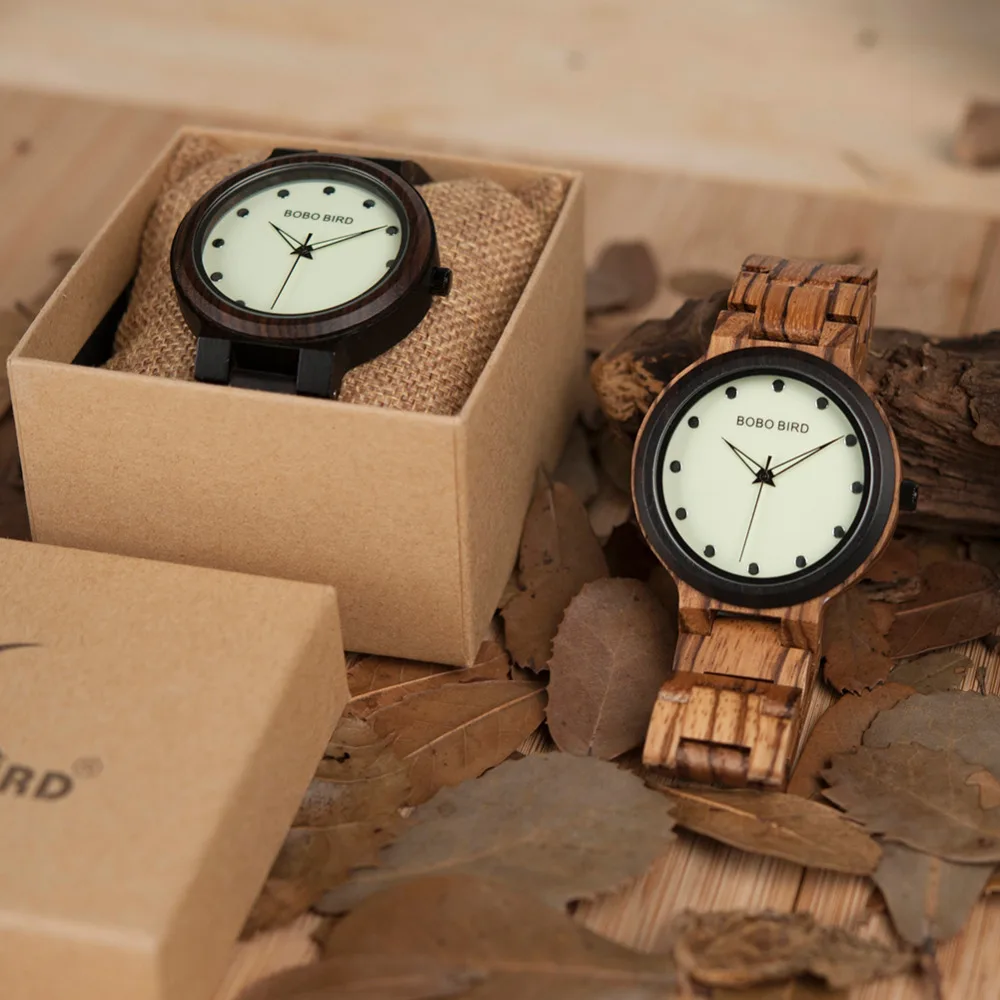 BOBO BIRD L-P04 Luminous Dial Face Men Cool Wooden Watches with Zebra Ebony Wood Strap Drop Shipping Relogio Masculino
