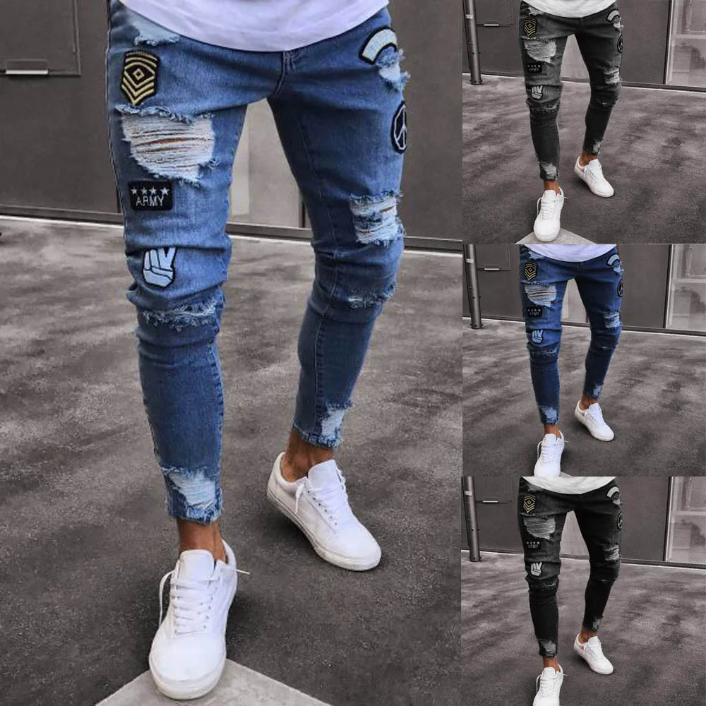 

New Fashion Mens Skinny Jeans Rip Slim fit Stretch Denim Distress Frayed Biker Scratchted Hollow out Long Jeans Boy Zone 3.22