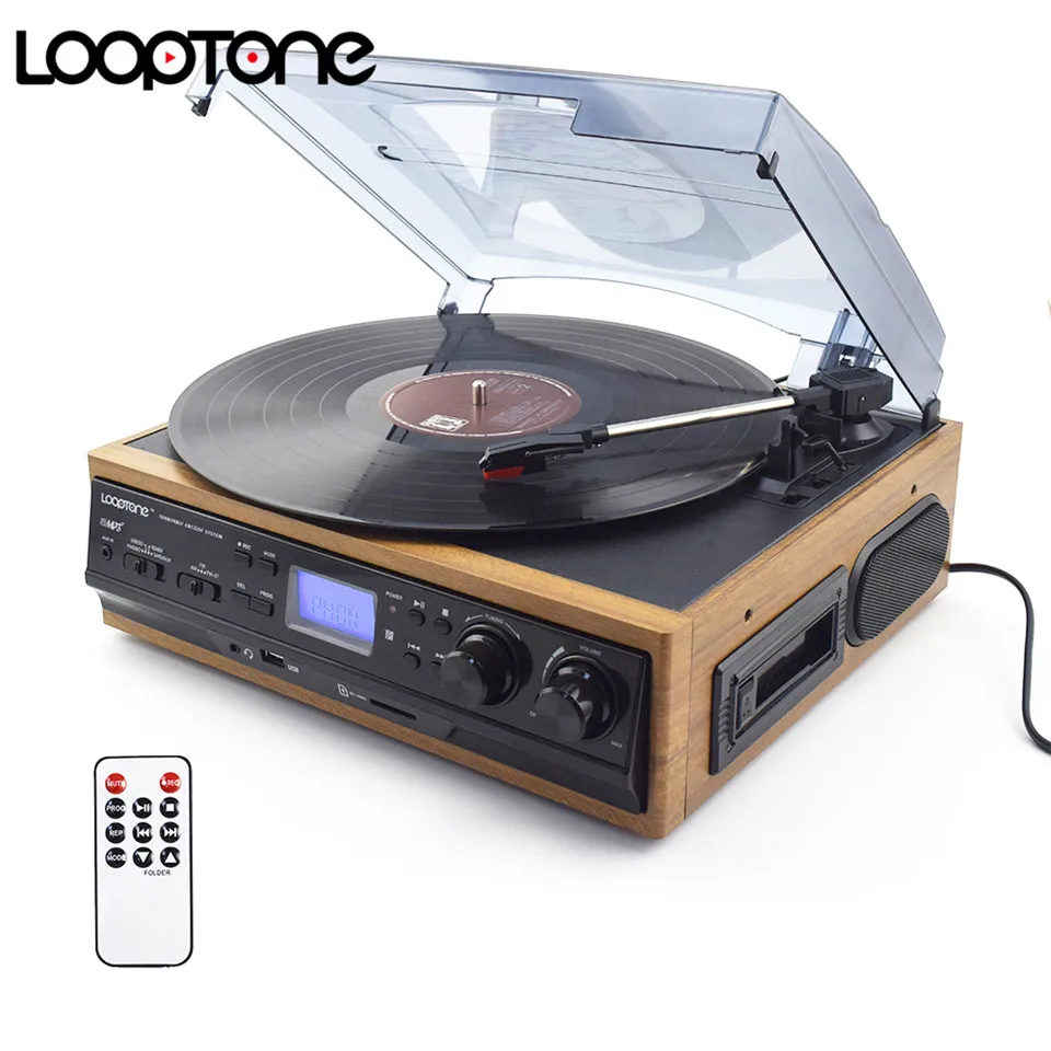 LoopTone Виниловая пластинка LP проигрыватель Проигрыватель кассетный плеер AM FM радио USB/SD плеер с пультом дистанционного управления Встроенный динамик Aux-in