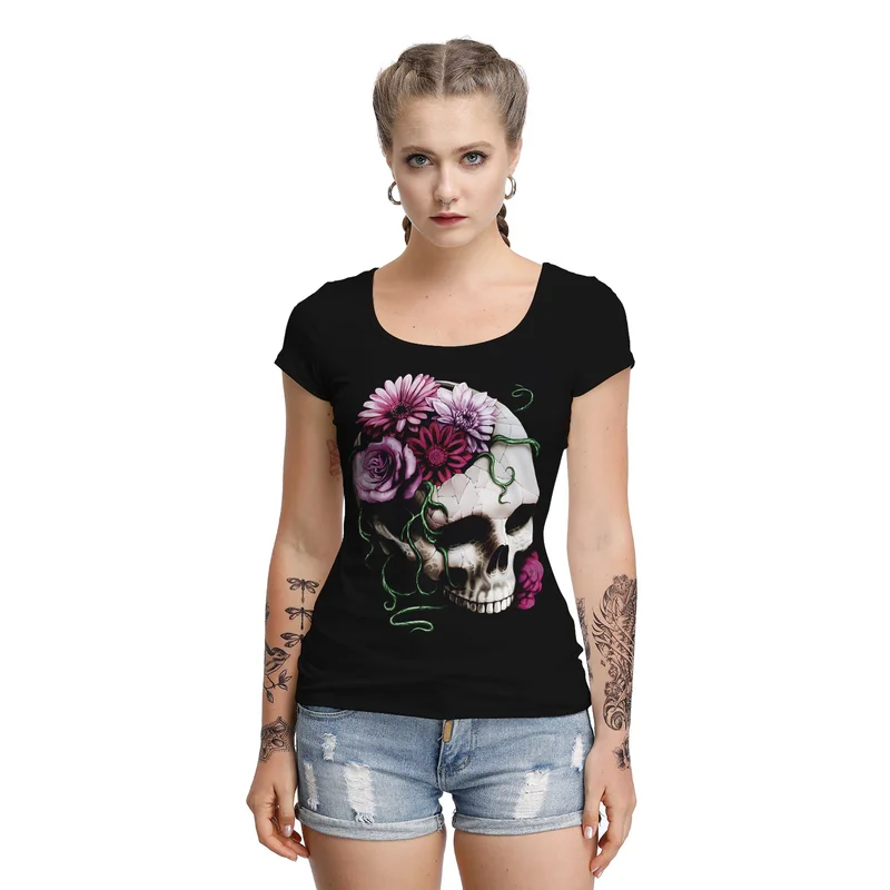 

2019 New Hot Halloween Skull 3D Digital Printing Women's Short-sleeved T-shirt Fashion Casual Summer Ladies Hollow Shirt