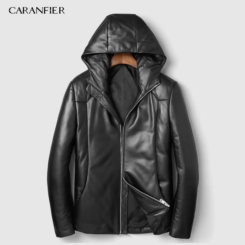 CARANFIER Модные мужские куртки с капюшоном из натуральной овечьей кожи, повседневная мотоциклетная черная верхняя одежда, пальто DHL