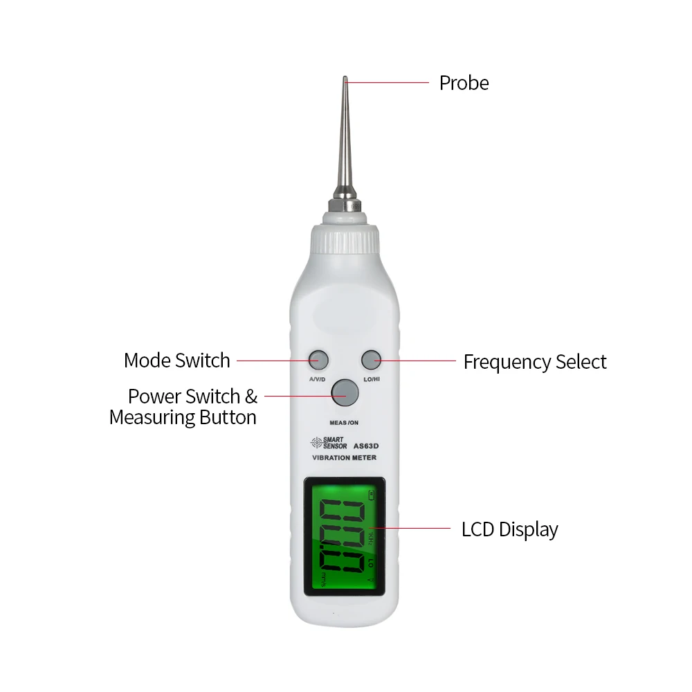 Умный датчик AS63D ручной портативный виброметр измеритель Виброметр цифровой тестер вибрации с высокочувствительным зондом