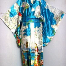 Светло-голубой Винтаж японский Для женщин шелковый атлас кимоно ropa Mujeres japonesas юката платье цветок один размер H0016