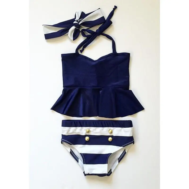 

2017 Fashion Kids Baby Girls Striped Bikini Suit Navy Swimsuit Swimwear Bathing Clothes