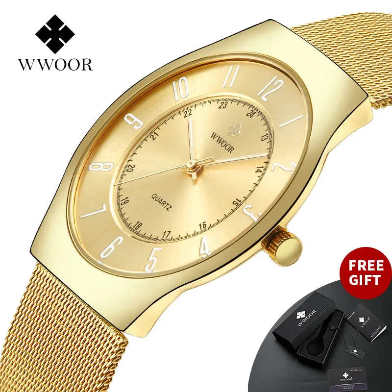

Genuine WWOOR Quartz Waterproof Casual Watch Fashion Luxurious Slim Men's Digital Scale Watch (8829-Gold)