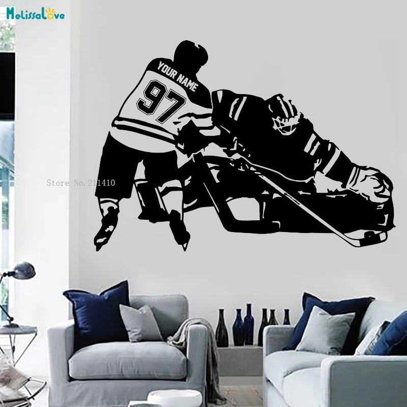 

Personalized Hockey Player Wall Decal Custom Name Number Shooting and goalkeeper Personalized Vinyl Decor Sport Stickers YT996