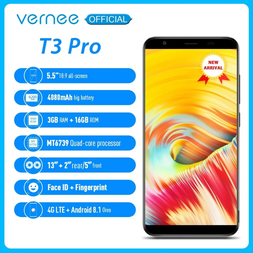 Смартфон Vernee T3 Pro 5 ''на весь экран 3 Гб ОЗУ 16 ПЗУ мобильный телефон Android 8 1 MTK6739