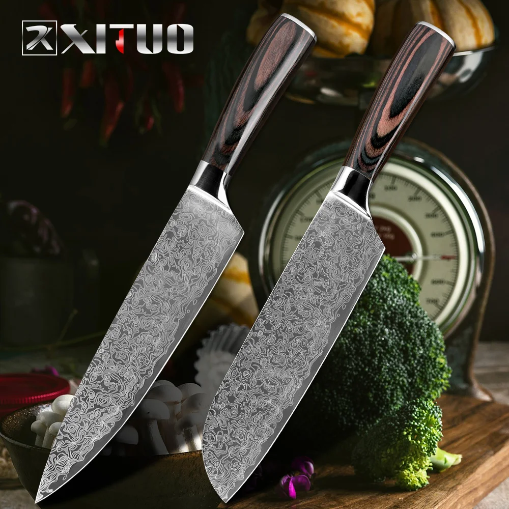 XITUO Sharp խոհանոցի դանակ Կոմպլեկտներ 2 հատ Դամասկոսի պողպատե ձևավորում Japaneseապոնական խոհարարի դանակներ 8 "7" դյույմ մաքրիչ Santoku կտրող օգտակար դանակներ