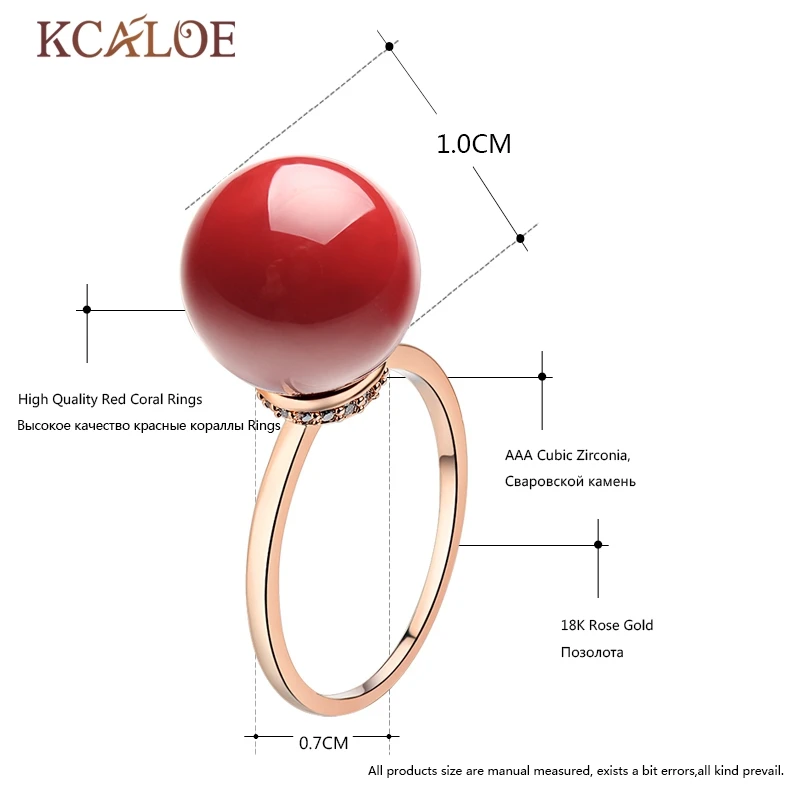 KCALOE Красное Кольцо Позолоченные Кольца с Искусственным Кораллом Свадебные Украшения Кольца Для Женщин С Крупными Круглыми Шариками