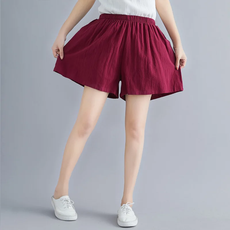 

Johnature 2019 Multicolored Cotton Linen Plus Size Women Summer Shorts Simple Comfortable Elastic Waist Loose Cross Shorts