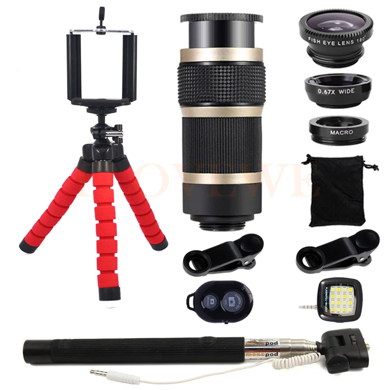 

8X Zoom Telephoto Lentes Wide Angle Macro Fish eye Fisheye Lenses For Smartphone Cell Phone Lens Kit Tripod Selfie lamp