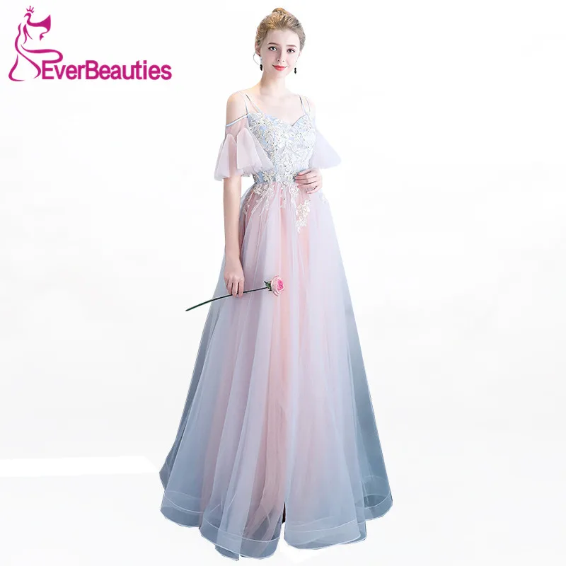 

Evening Dress 2019 Tulle with Lace Beaded Long Prom Party Dresses with Spaghetti Straps Bride Banquet Robe De Soiree Abiye
