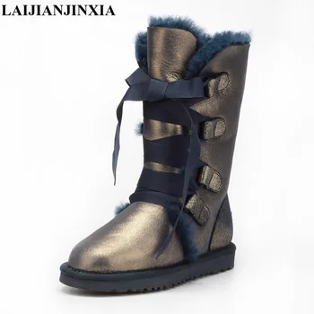

LAIJIANJINXIA Fashion Lace Up Snow Boots Women's Real Sheepskin Leather Natural Wool Fur Lined Girls Winter Shoes Waterproof
