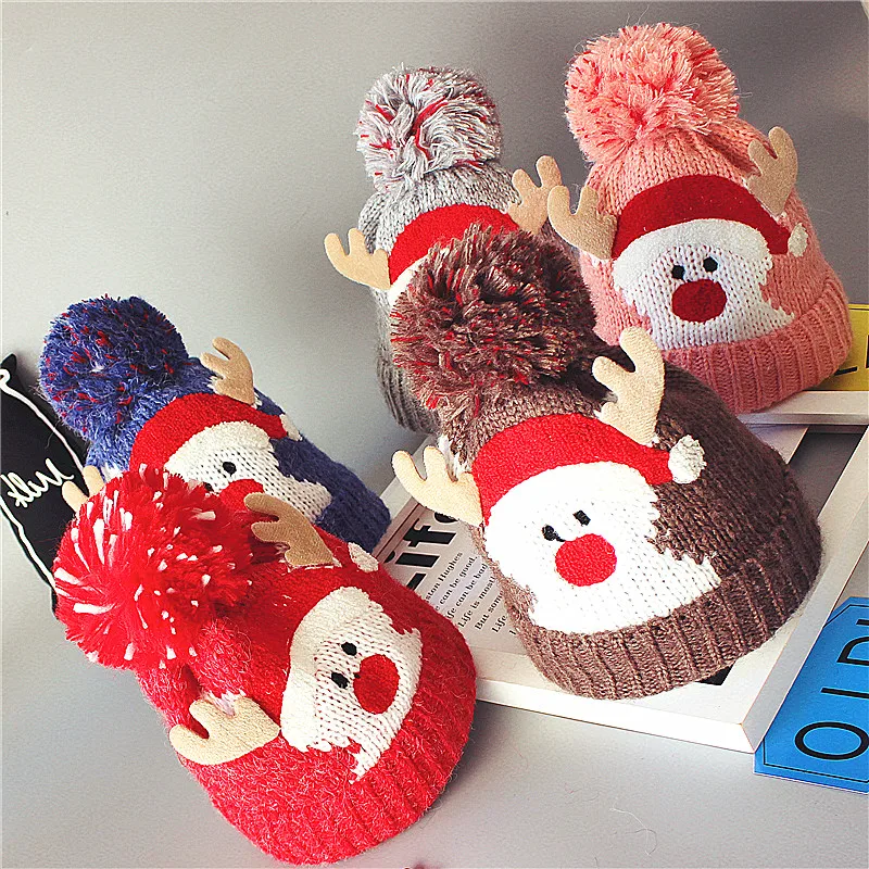 Рождественская детская одежда для девочек и мальчиков теплые, зимние, Вязаные Шерстяная Круглая Шапочка шапка крючком Кепки