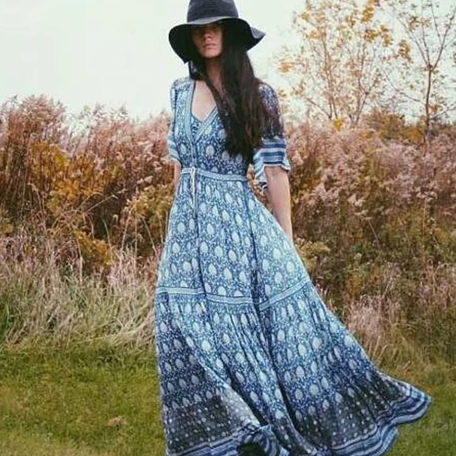 

TEELYNN Boho dress rayon Blue floral print v-neck short sleeve beach summer dresses Drawstring waist long women dresses vestido