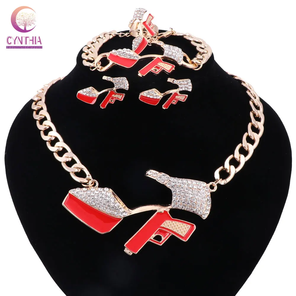 

High-heeled Shoes 2017 Hip Hop Golden Statement Red Enamel Crystal Pistol Pendant Party Gift Necklace Bracelet Earring Ring