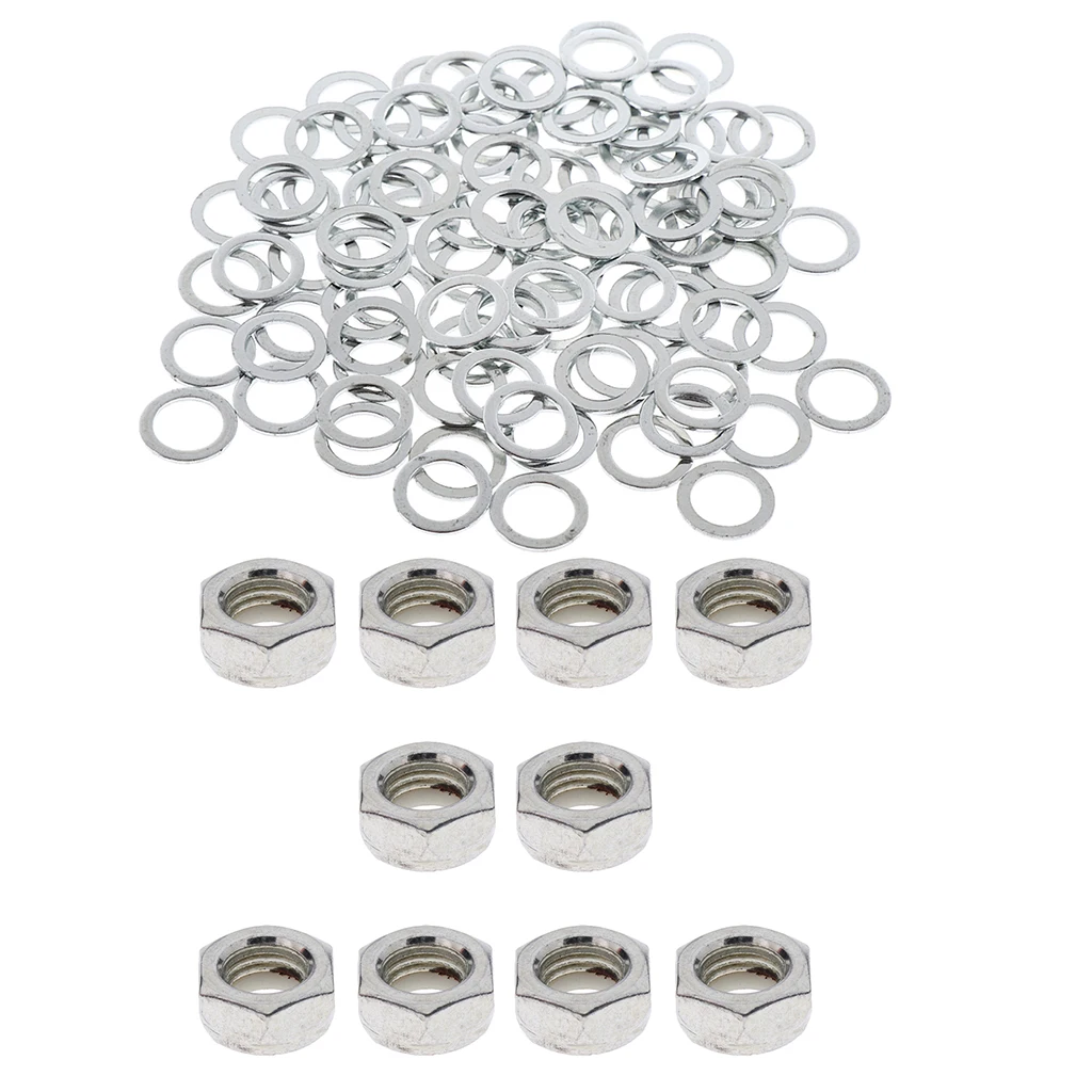 10pcs Skateboard Trucks Mounting Axle Hexagon Nuts Longboard Hardware Silver + 100pcs Bearings Washers Accessories