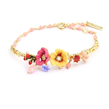 

2018 New Handmade Enamel Garden Pink Flower Branches Zircon Bracelets Summer Women Jewelry Accessories Valentine's Day Gifts