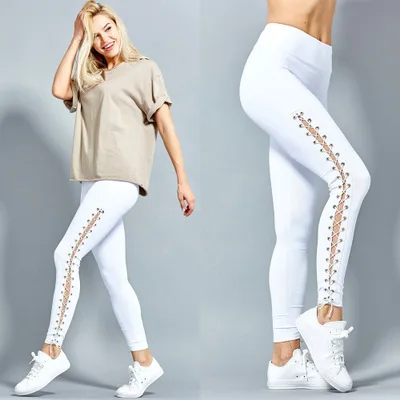 

American Style Sexy Slim Eyelet Side Strap Elastic Hot Hip Quick Dry Gym Dancing Workout Leggings Sweatpants