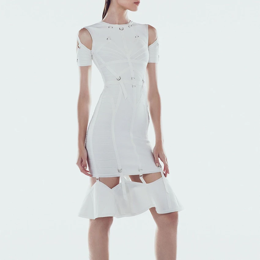 2019 Fashion Nova White Bandage Dress Women Party Elegant Cutout Night Cold Shoulder Metal Embellishment Round Neck Knee High