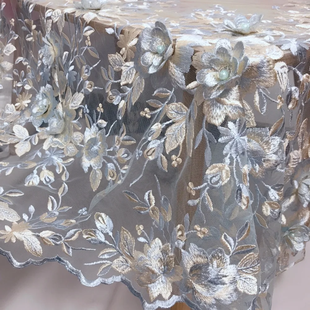 1 ярд новая мода 3D Цветочная кружевная ткань с жемчугом вышивка бисером сетчатый
