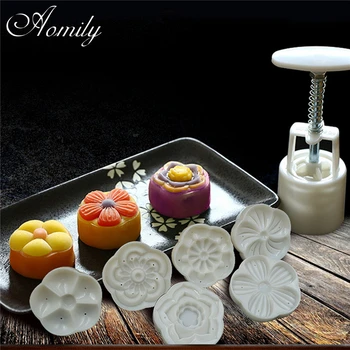 

Aomily 6 Stamps Flower Moon Cake Mold Chinese Mid Autumn Festival Mould Set Hand Press Plunger DIY Baking Decorating Tools Gift