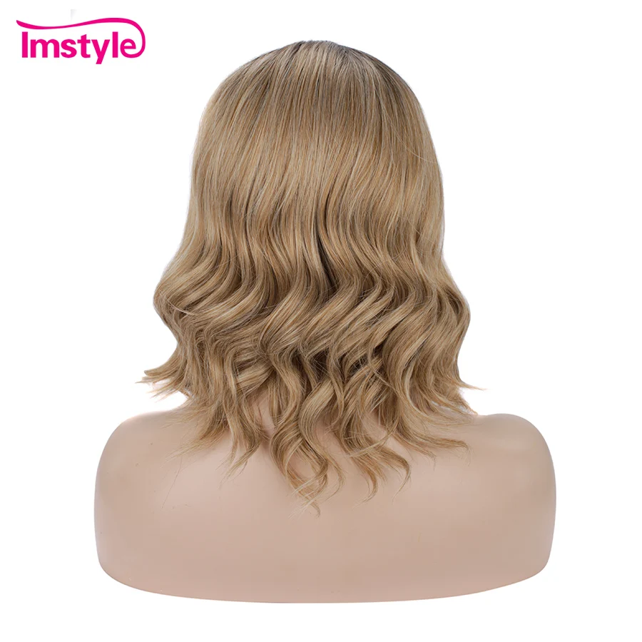 Imstyle, короткий коричневый парик, синтетический парик на кружеве, натуральные волнистые парики для женщин, темный корень, жаропрочное волокно, вечерние парики, 14 дюймов