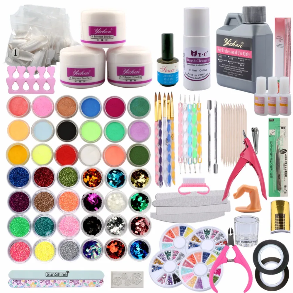 

Acrylic Powder Liquid Nail Set Glitter Rhinstone Strip Pen Brush 500 Natural Tips Cuticle Oil Nail File Brush Nail Art Tools Kit