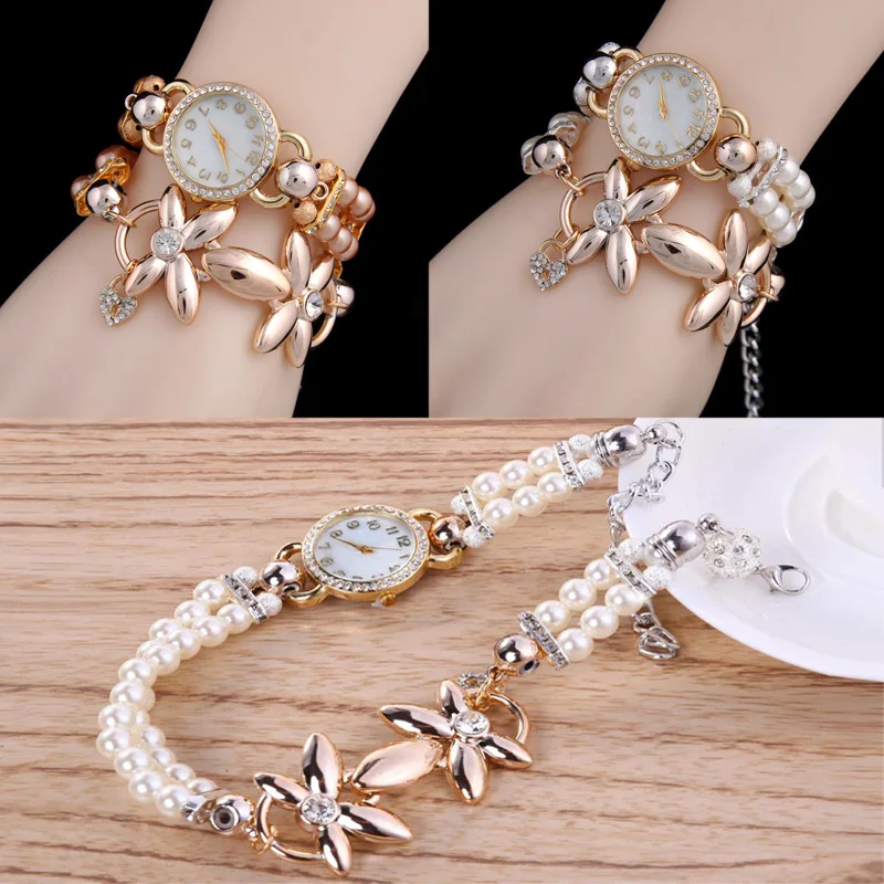 

New Fashion Bracelet Watch Women Ladies Fashion Quartz-watch Clock Flower Imitation Pearl Chain Wrist Watches HB88