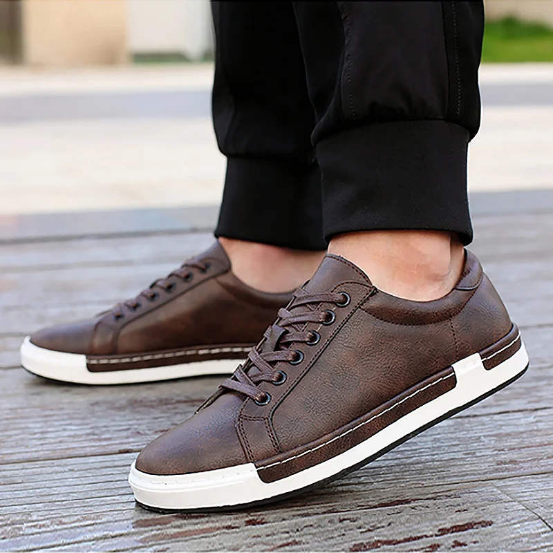

Casual shoes men sneakers 2019 new pu leather vulcanized shoes men lace-up comfortable male footwear plus size Spring/Autumn