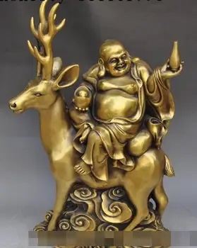 

S00724 21"Chinese Bronze Wealth Yuanbao Happy Laugh Maitreya Buddha ride Deer Statue (B0328)