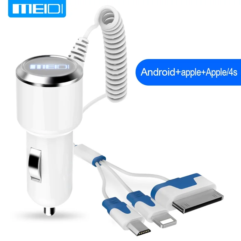 MEIDI 3 USB Автомобильное зарядное устройство для мобильного телефона с кабелем Micro usb type C осветительный кабель для Samsung S7 Xiaomi type C - Название цвета: Белый