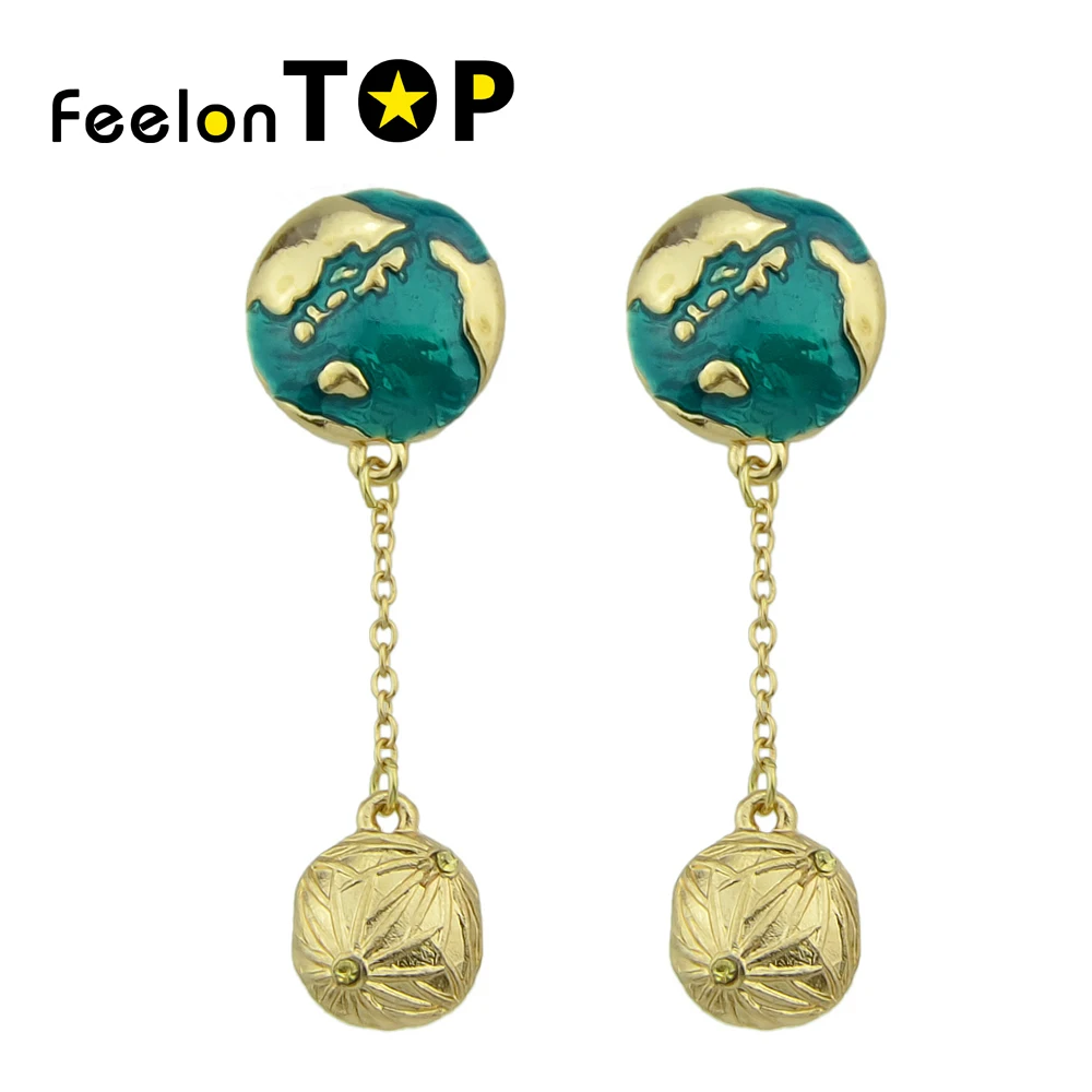 Statement Hanging Earrings Gold-Color with Green Enamel Map Pattern Round Drop Pendant Female | Украшения и аксессуары