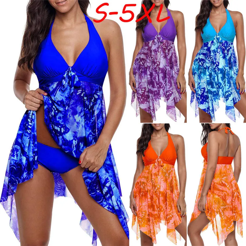

Women Print Swimwear Bikini Set Asymmetric Hem Halter Swimdress And Panty Beachwear S M L XL 2XL 3XL 4XL 5XL A30