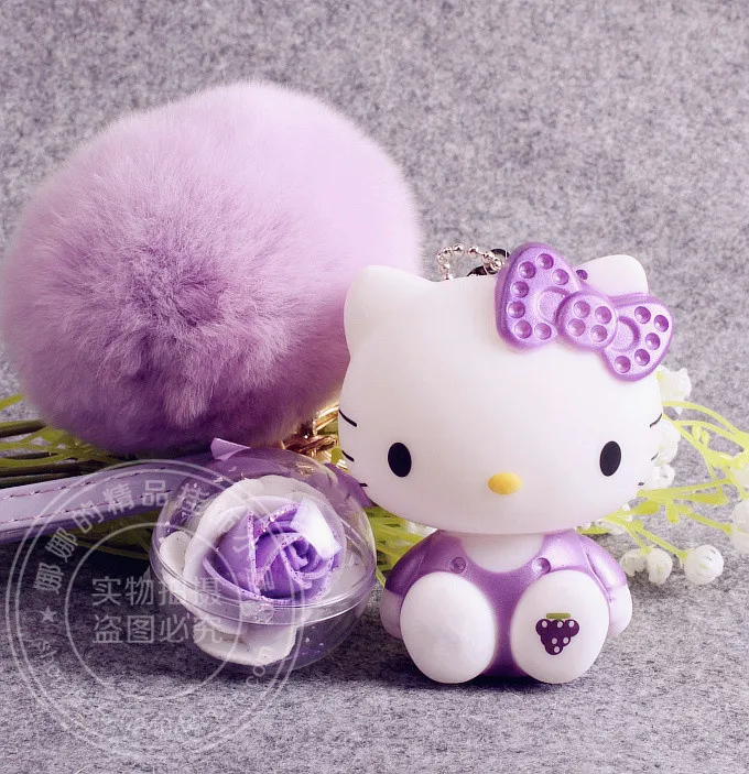 

Lovely Cartoon Anime Hello Kitty Pink Cat Bunny Real Rabbit Fur Pompom Keychain Key chain Women bag charm pendant Accessories
