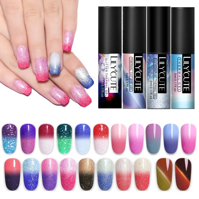 

LILYCUTE 5ml Holographic Thermal Gel Polish Glitter Soak Off Color Changing UV Gel Varnish Long Lasting Nail Art Manicure DIY