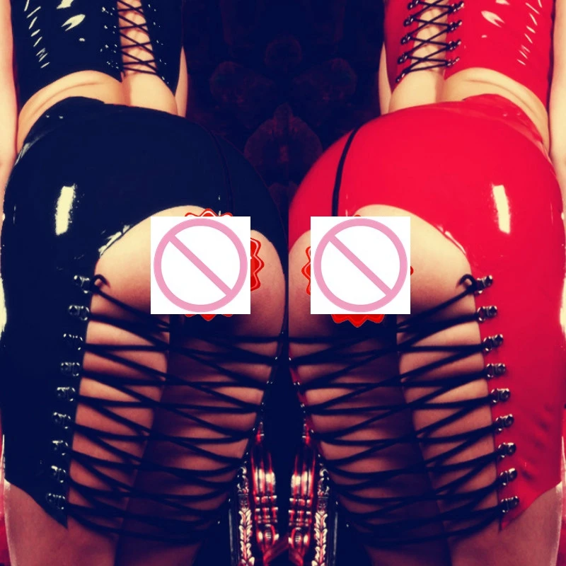 

Women PVC Leather Lace up Spanking Skirt Sexy Wet Look Nightclubs Clubwear Slim Bondage Skirt Erotic Costumes