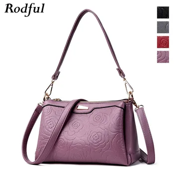 

Rodful Small satchel crossbody messenger bag women's purple red floral embossed leather shoulder bag female fashion handbag lady