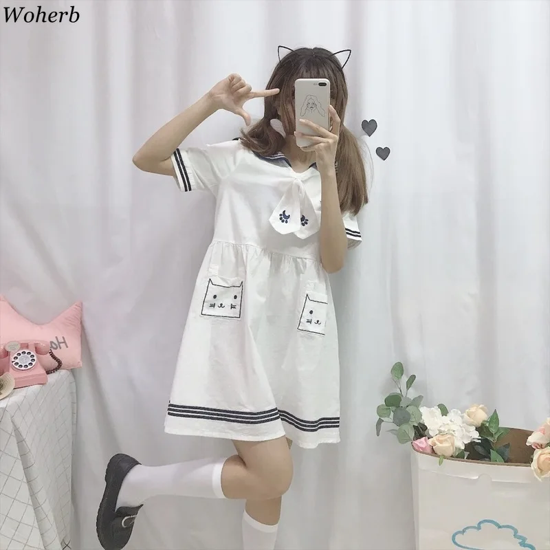 

Woherb 2019 Japanese Girl Kawaii Cat Embroidery White Dress Women Harajuku Sweet Sailor Collar Shirt Dresses Vestidos 21660