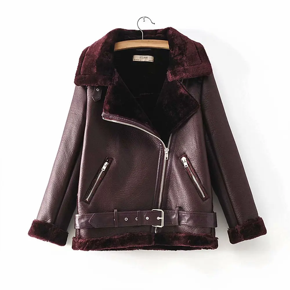 FTLZZ, женская зимняя теплая куртка из искусственной овечьей кожи, пальто из искусственной кожи, овечья шерсть, меховой воротник, мотоциклетная Черная куртка, куртка-бомбер, пальто
