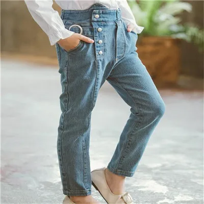 Эластичные джинсы с высокой талией для девочек, осень, хлопковые джинсовые узкие брюки, модные Осенние леггинсы для девочек 4, 6, 8, 10, 12, 14 лет - Цвет: Синий