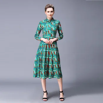 

Custom Dress S-7XL 2017 Sping Newest Color Patchwork Print Turn-Down Collar Full Sleeve Mid-Calf Pleat Plus Size Dress Women