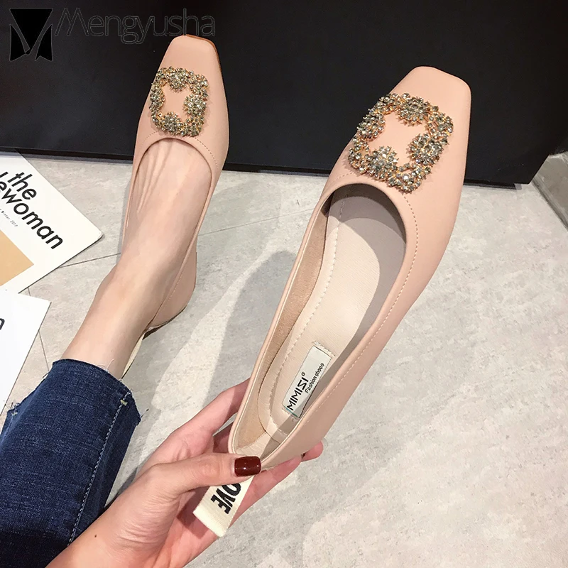

Moccasins Square crystal buckle loafers ladies microfiber leather office shoes ballerinas woman flat square toe single shoes2019